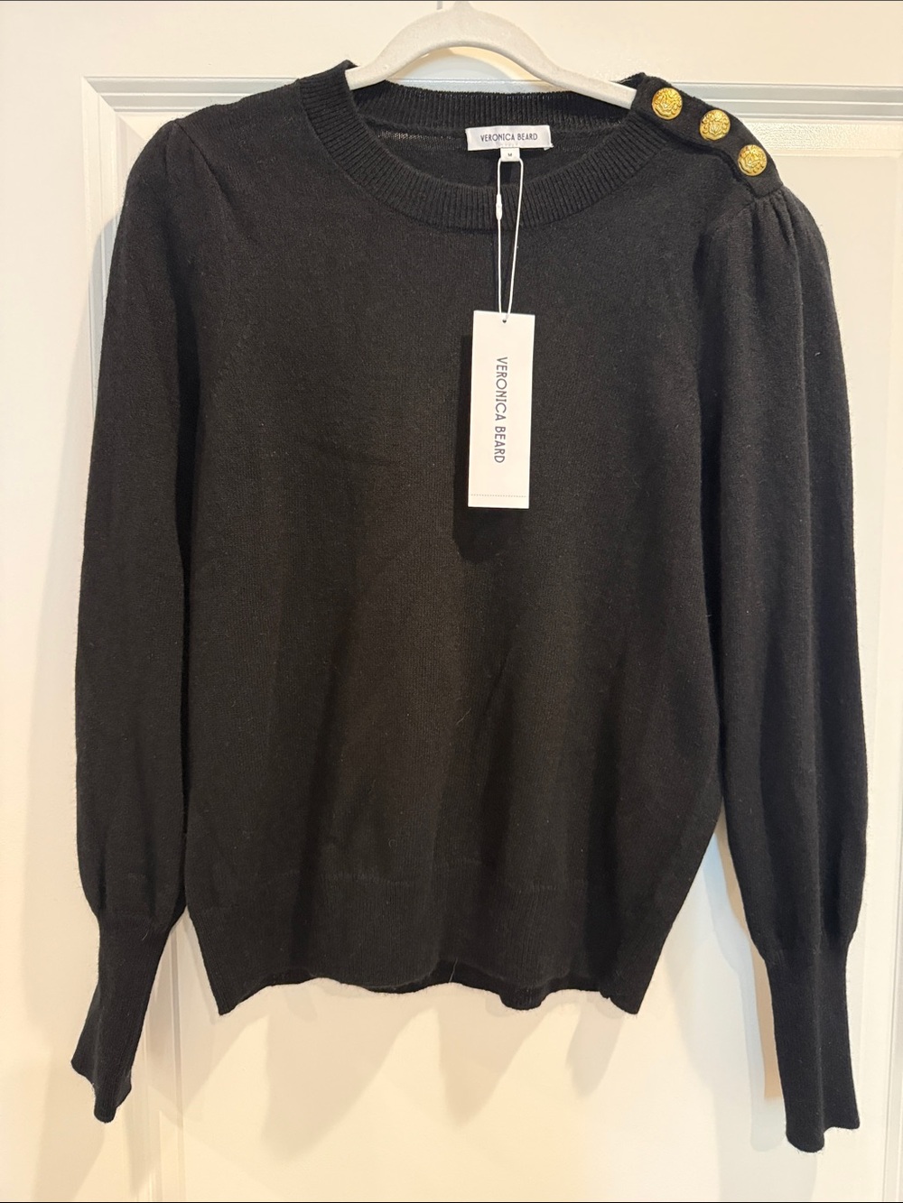 Veronica Beard Black Crewneck Cashmere Sweater with Gold Shoulder Buttons